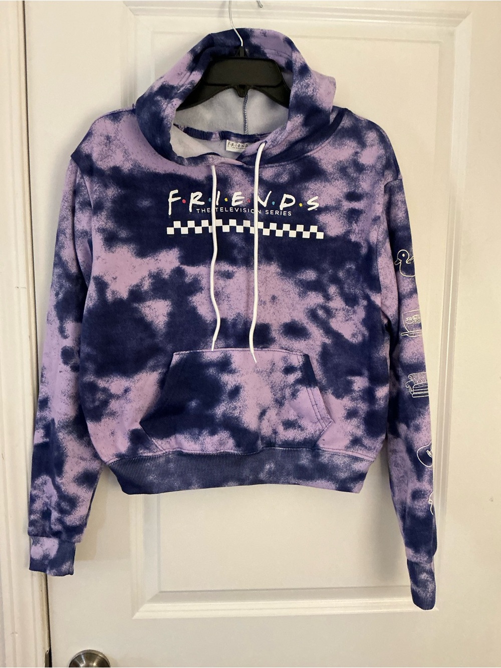 Friends TV Show Tie Dye Cropped Hoodie Size M Purple Checkered Sweatshirt
